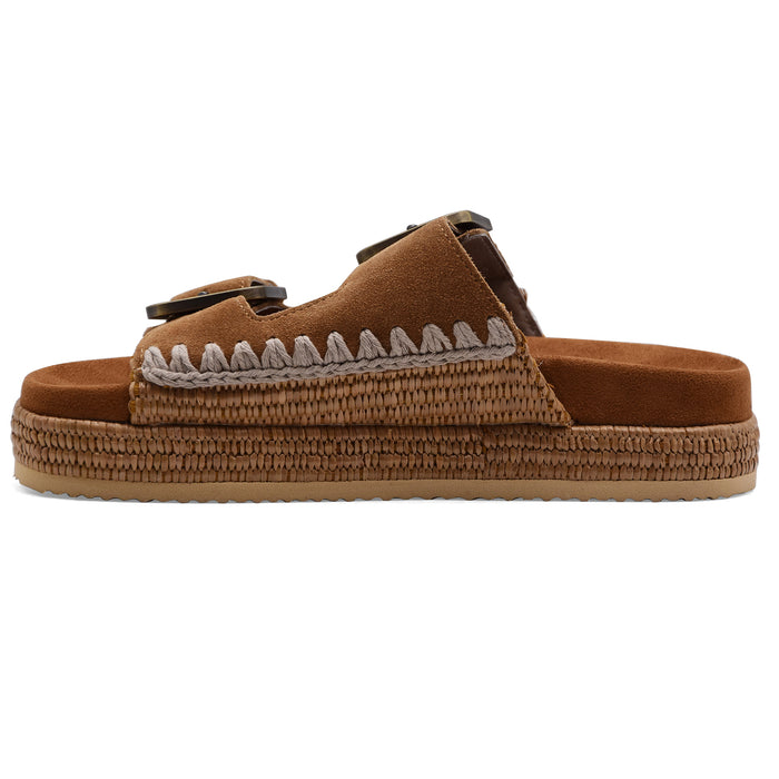 Sandali Donna Mou Two Buckle Raffia Cognac Pelle Scamosciata
