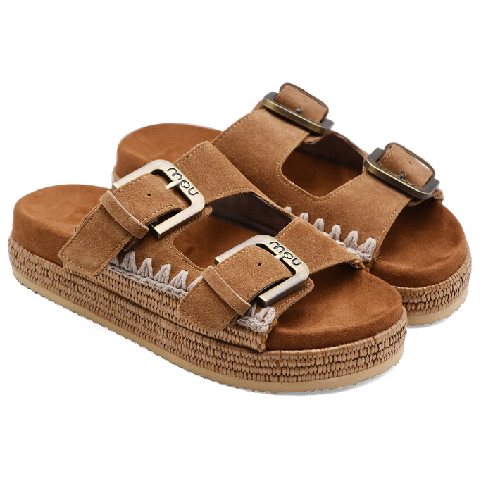 Sandali Donna Mou Two Buckle Raffia Cognac Pelle Scamosciata