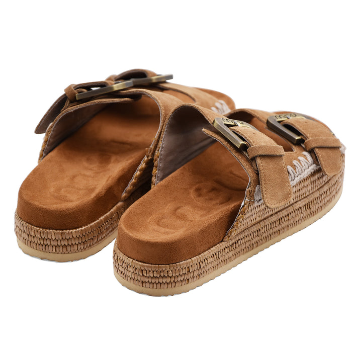 Sandali Donna Mou Two Buckle Raffia Cognac Pelle Scamosciata