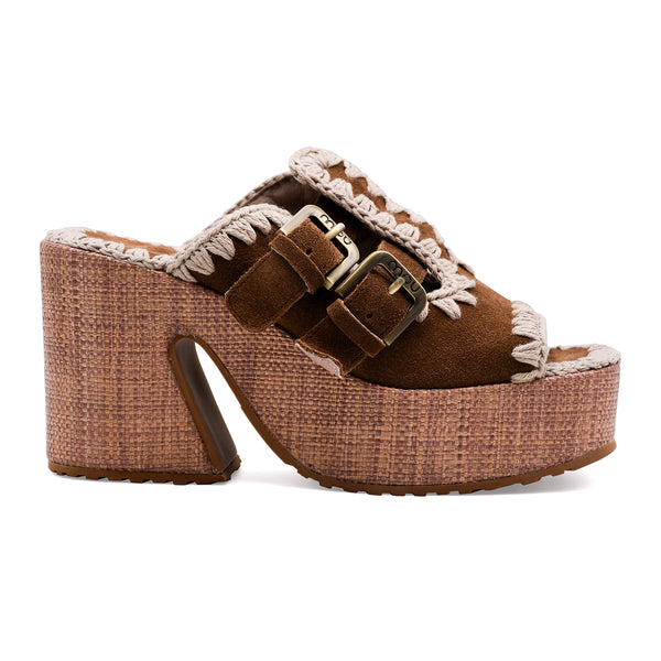 Women's Mou Brown Suede RAFFIA PLATFORM TWO-BUCKLES Sandals